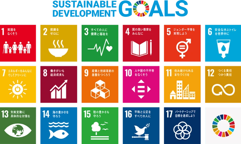 SDGsのロゴと17の目標を示すイラスト。